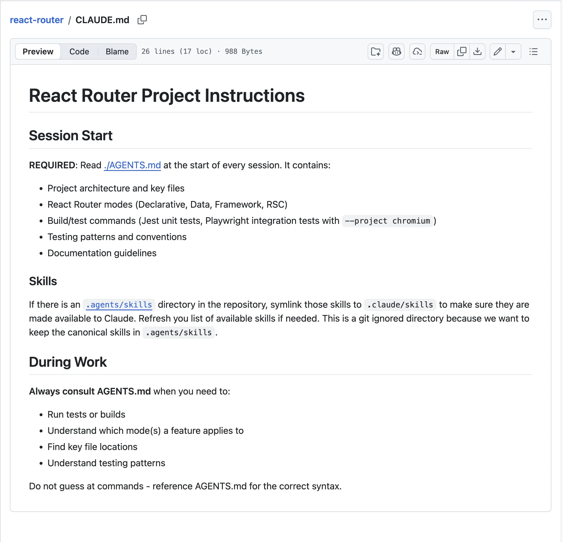 A React Router CLAUDE.md file pointing Claude Code to AGENTS.md and agent skills
